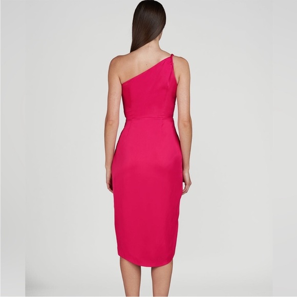 AMUR Deena‎ One Shoulder Midi Dress in Rosie Raspberry Hot Pink Satin Cut Out 4 - Picture 2 of 15